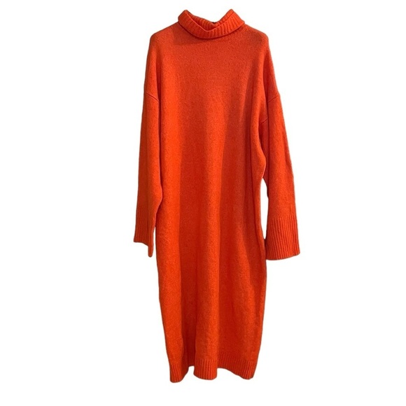 ZARA Oversized Knit Turtleneck Sweater Midi Dress Orange M - Picture 2 of 15